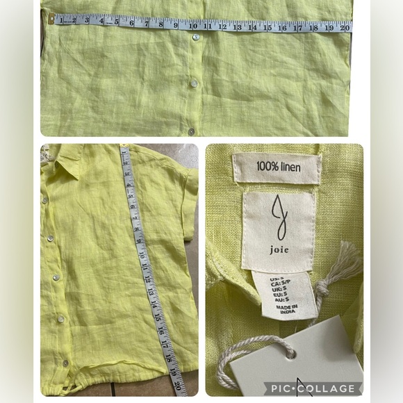 JOIE 100% Linen Women's Small Neon Yellow Short Sleeve Button Up Blouse NWT - Picture 3 of 12